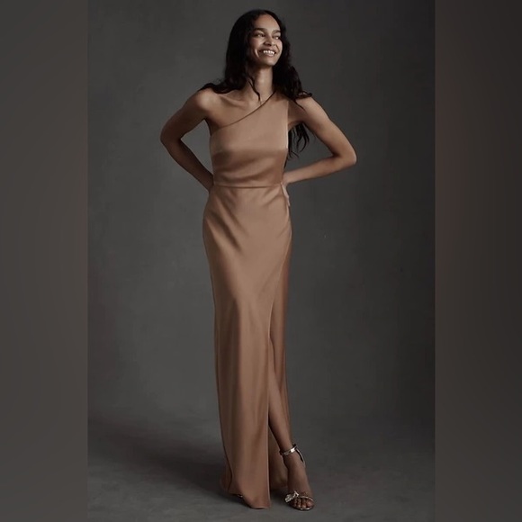 BHLDN Dresses & Skirts - BHLDN Anthropology Dylan One Shoulder Satin Dress - 12, Color Sand Dune